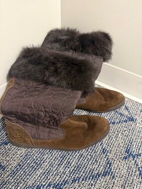Coach Brown Quilted Faux-Fur Cuff Winter Boots